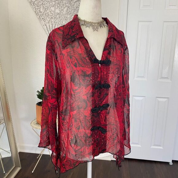 Red Black Whimsygoth Split Sleeve Asymmetric Semi Sheer Mesh Blouse L - Picture 6 of 8